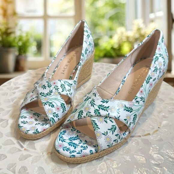 JACK ROGERS  Leather Palmer Woven Jute Espadrille Wedge Sandal White - Picture 6 of 16